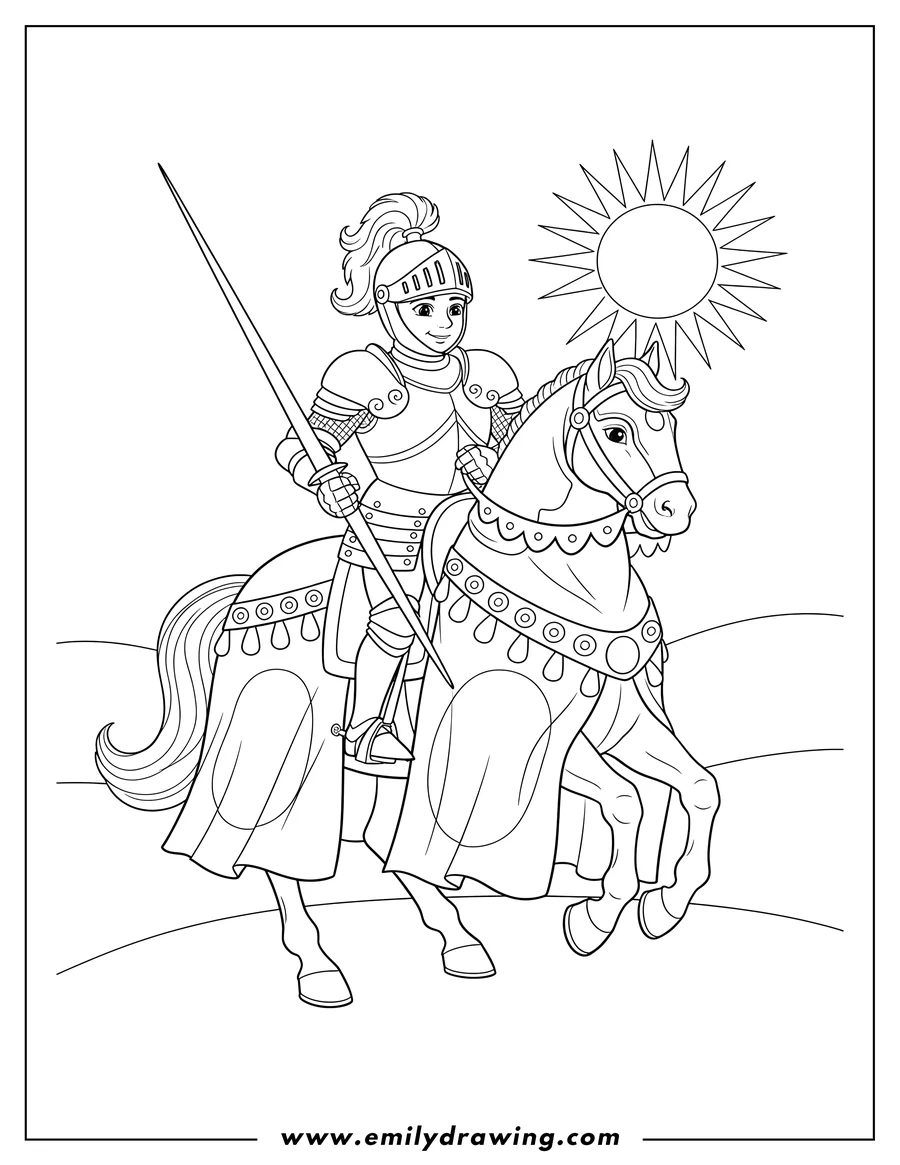 Coloring page for kids: armored Knight On Decorated Horse Carrying Lance