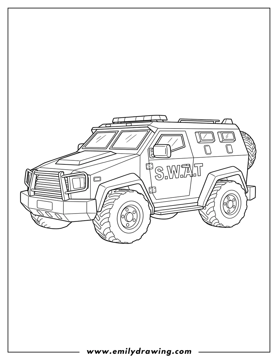 Printable line art of armored Swat Car with S.W.A.T. written on the side and a spare tire