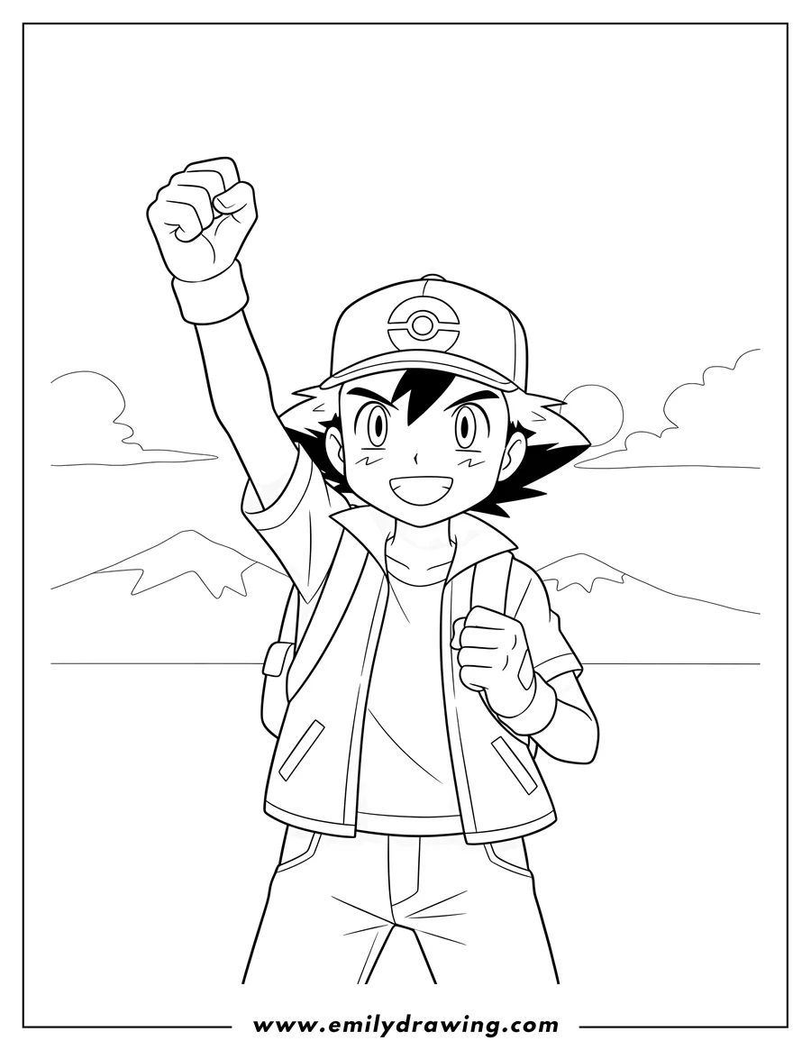 Black and white line art of easy Ash Ketchum Outline With His Fist Up, wearing a cap and backpack, with a determined expression