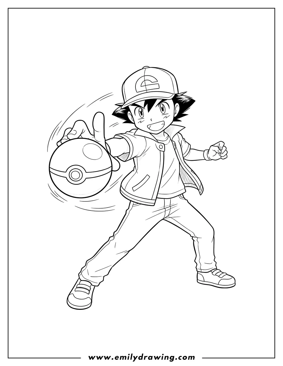 Clean line drawing: ash Ketchum smiling, in a dynamic action pose, throwing a pokeball