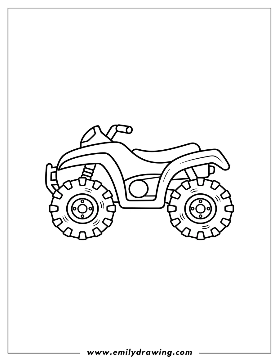 Vector style outline of easy Atv Outline Preschoolers, side view, with large rugged tires