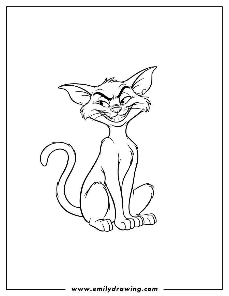 Doodle style coloring picture of azrael Outline, sitting with paws crossed and a mischievous expression