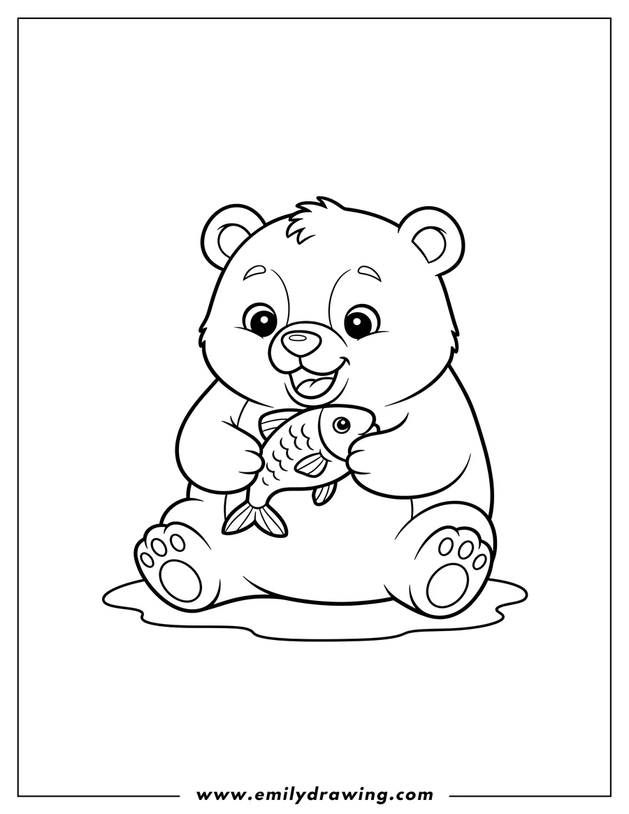 Black and white line art of easy Baby Bear sitting, chewing on a fish