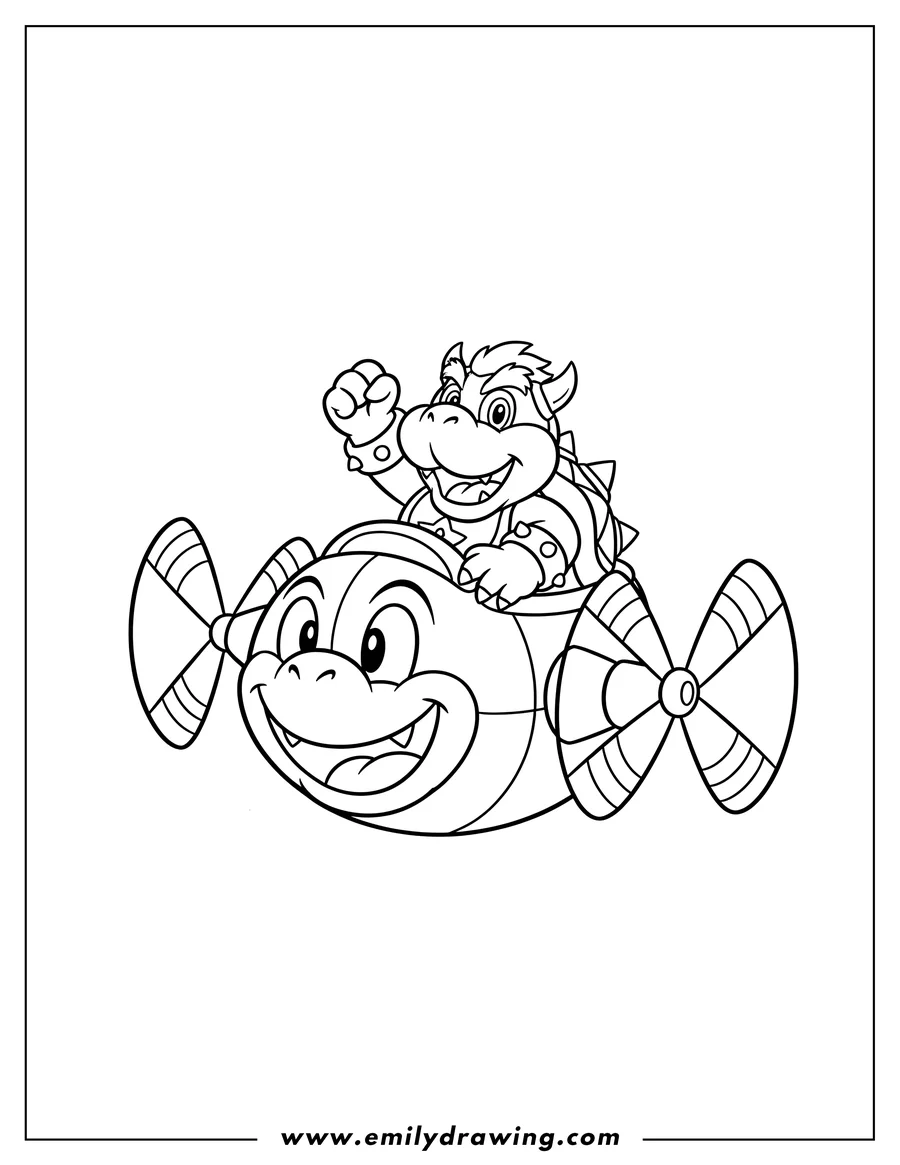 Coloring sheet featuring easy Baby Bowser in his Koopa Clown Car, punching the air and smiling
