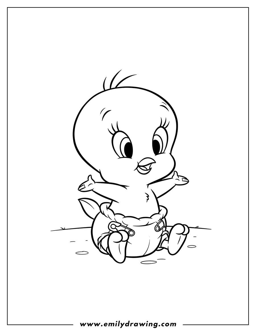 Clean line drawing: easy Baby Tweety Preschoolers sitting in a diaper, looking up