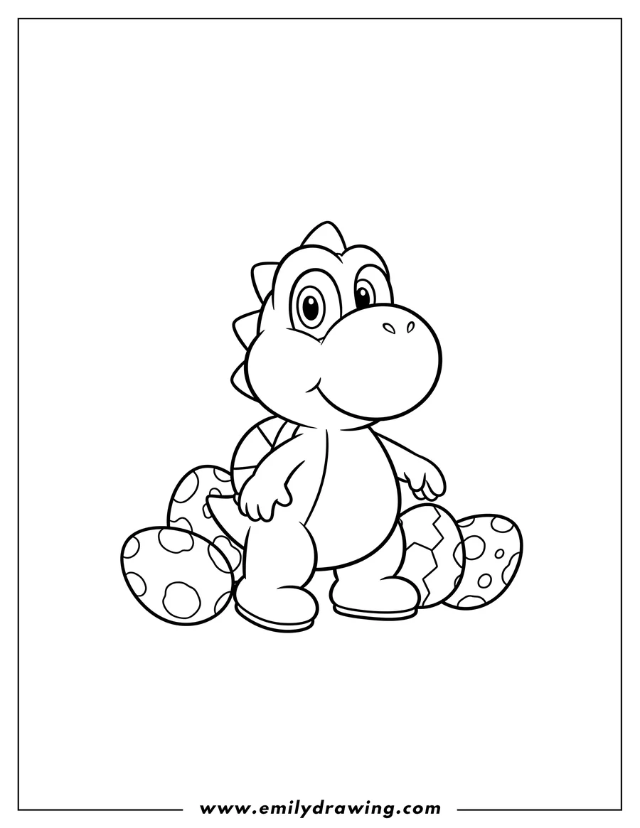 PDF style coloring page: easy Baby Yoshi standing, looking alert, surrounded by eggs