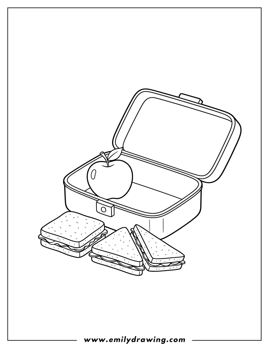 Printable line art of back To School Lunchbox, open with an apple inside, and two sandwiches outside