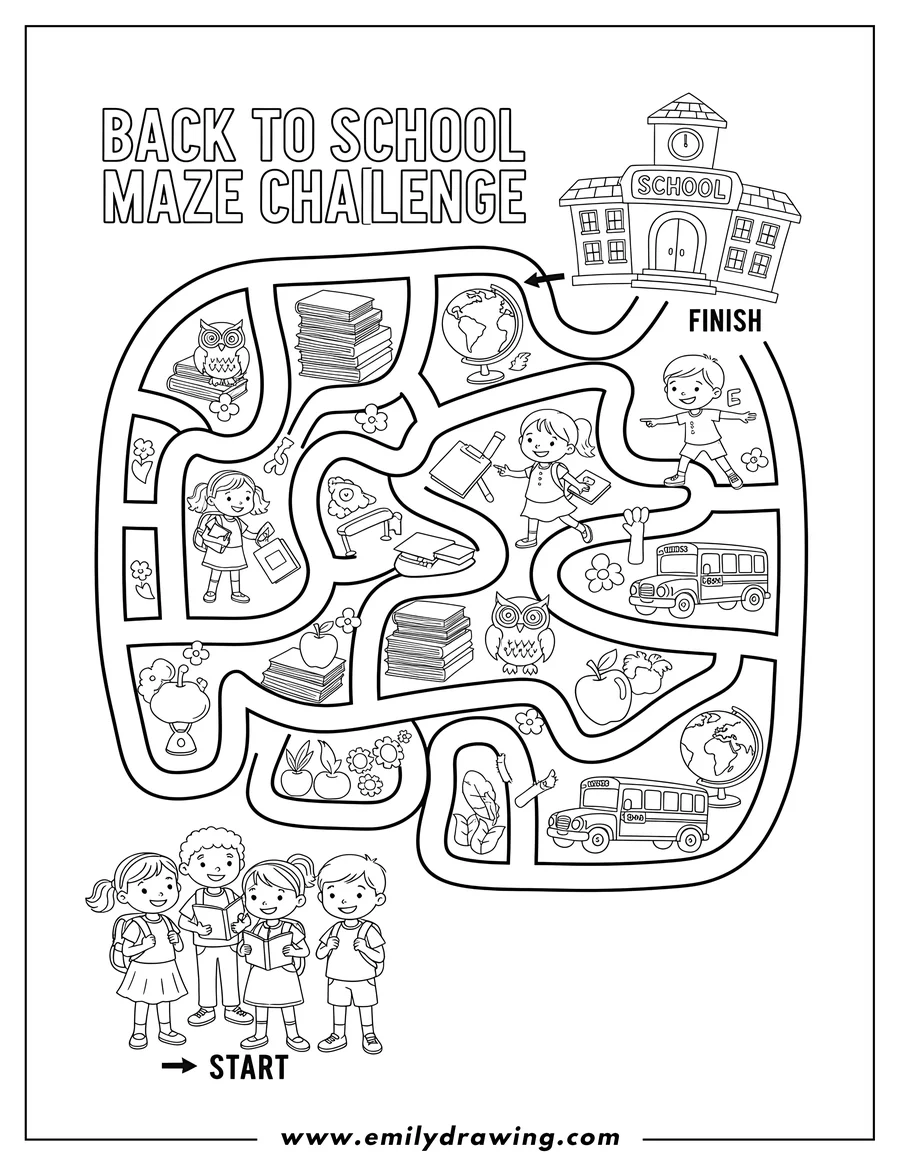 Downloadable coloring page of [Scene]: Back To School Maze Challenge with students reaching a school