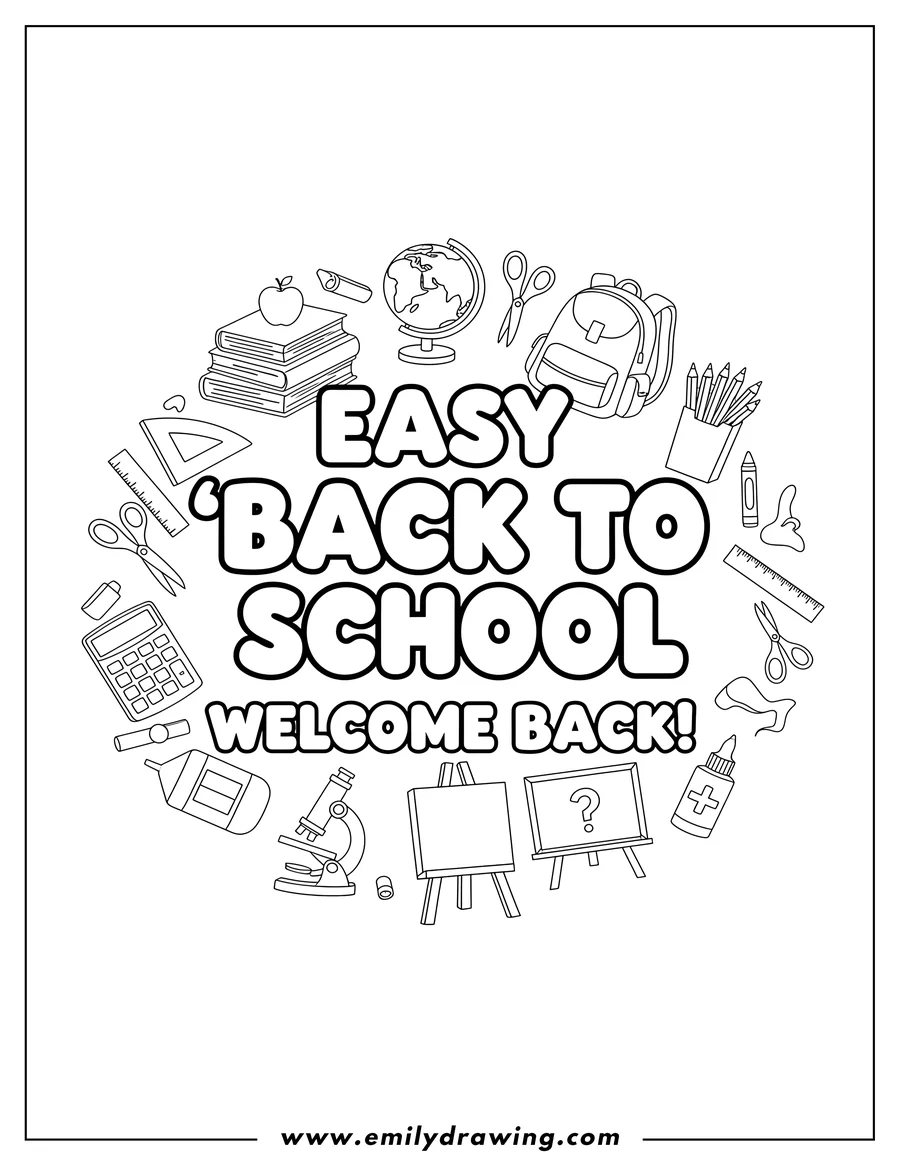 Vector style outline of easy 'BACK TO SCHOOL' and 'welcome back!' text surrounded by classroom materials