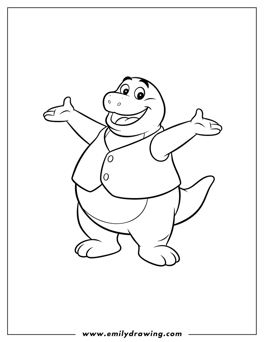 Black and white line art of easy Barney Preschoolers, Barney smiling with open arms