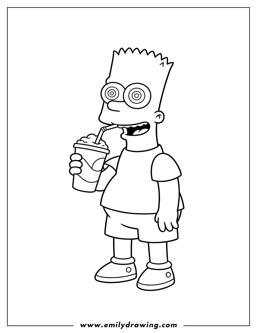 Linear illustration of easy Bart Simpson standing, drinking a Squishee with swirling crazy eyes
