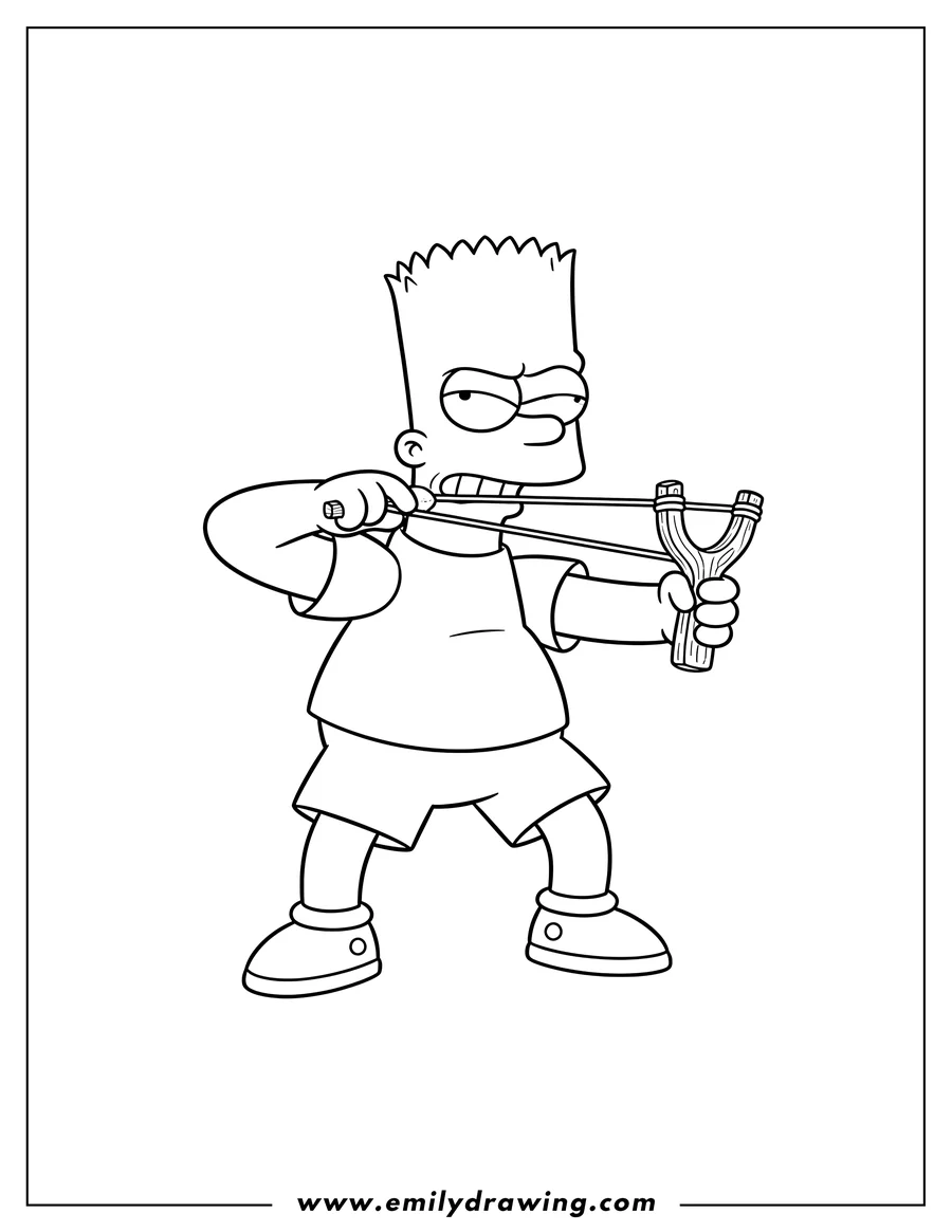 Clean line drawing: bart Simpson holding a slingshot, pulling back the band and squinting one eye