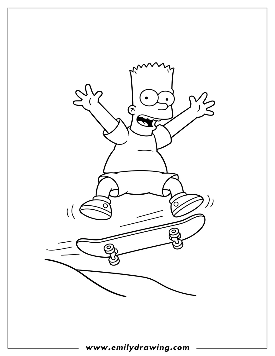 Full page coloring image of bart Simpson jumping on a skateboard with an open mouth and raised arms, for preschoolers