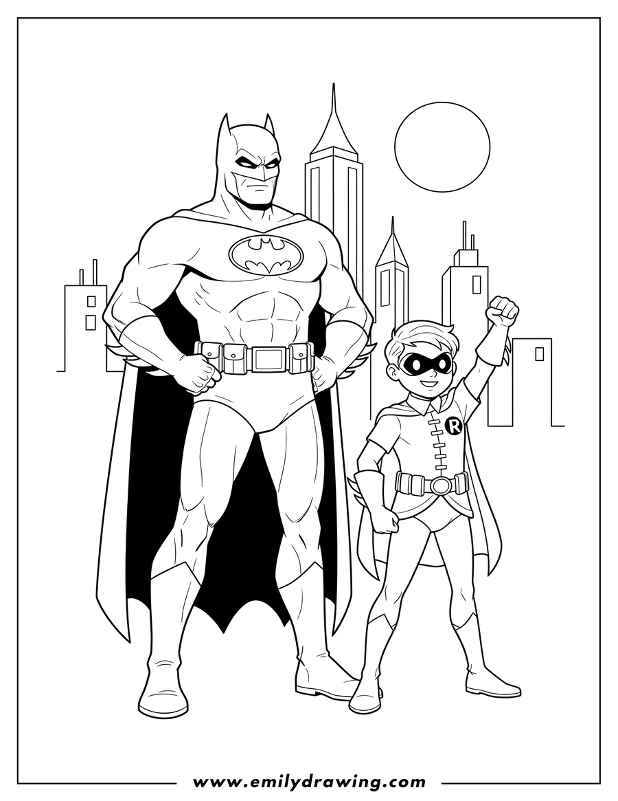 Coloring page of batman And Robin Scaled, Batman standing with hands on belt, Robin standing with one fist raised