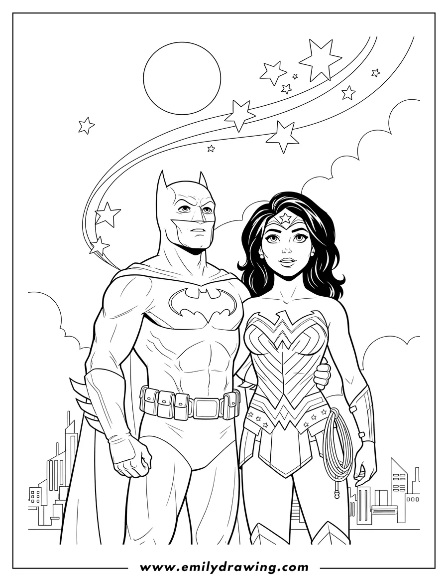 Outline drawing of batman And Wonder Woman standing and looking up
