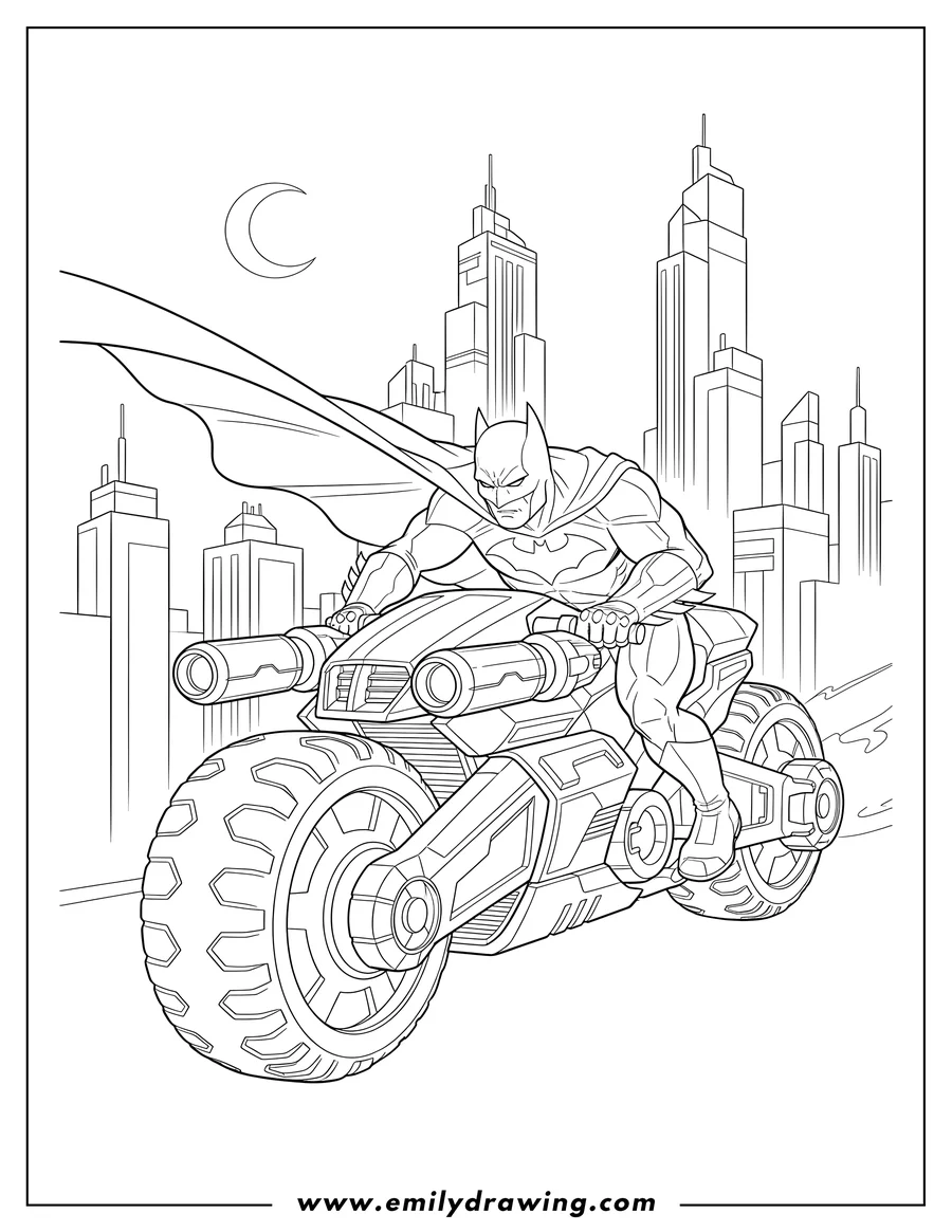 Coloring sheet featuring batman riding a futuristic motorcycle with large wheels and front-mounted cannons