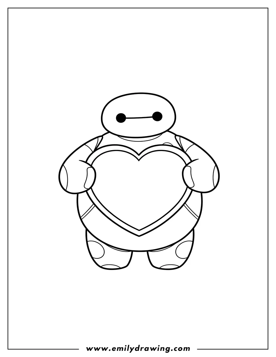 Clean line drawing: easy Baymax holding a heart sign for preschoolers