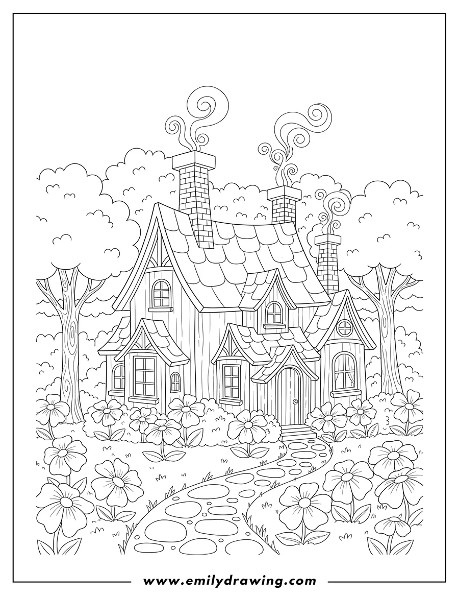 Clean line drawing: beautiful Cottagecore House with Chimneys, Flower Bushes, and Trees