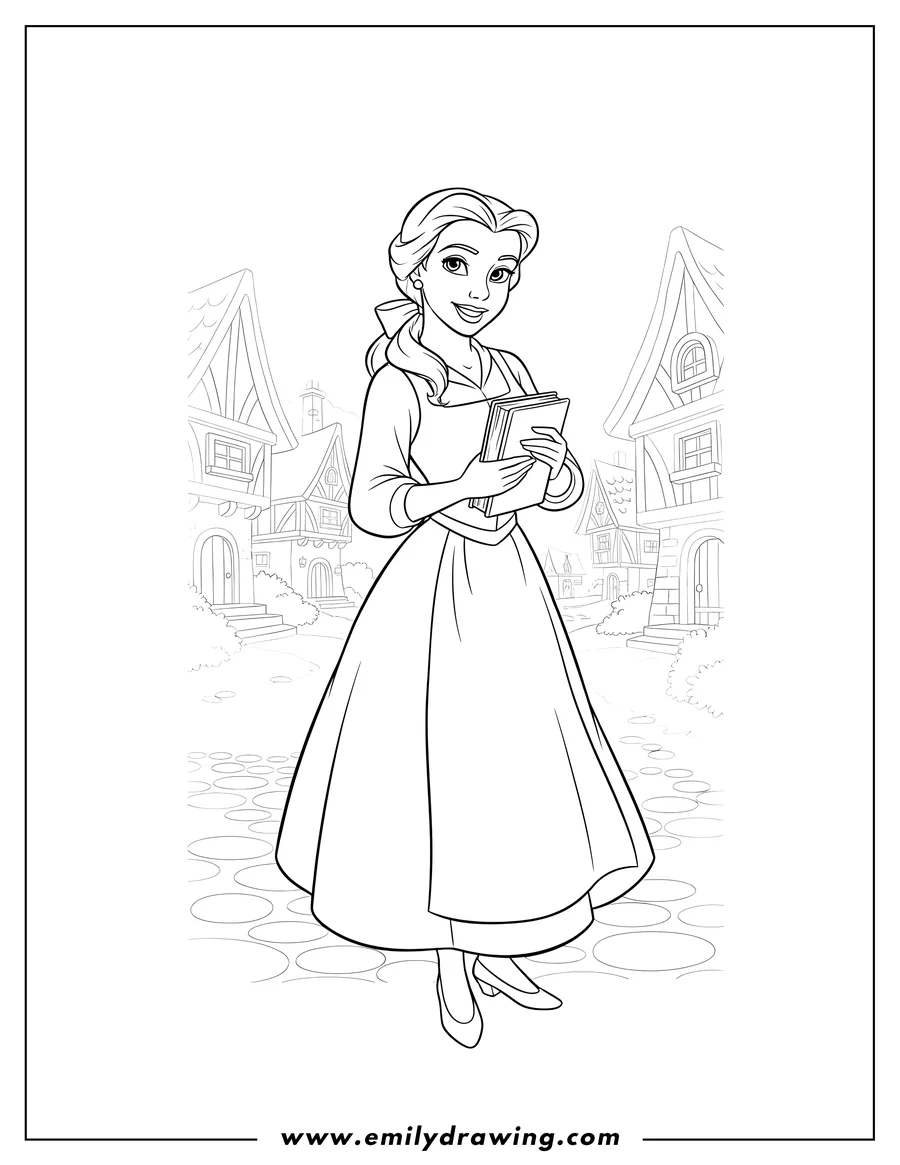 Printable line art of belle in her village dress, smiling