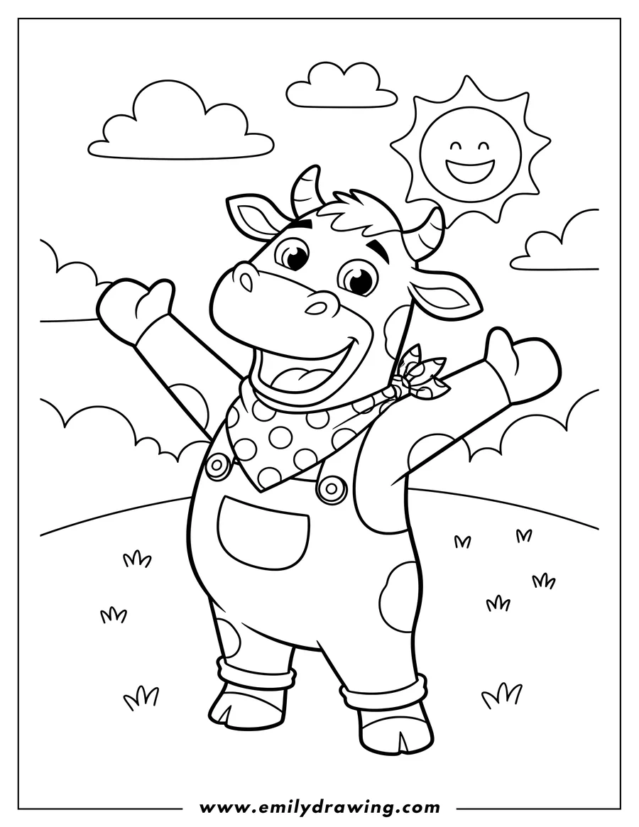 Clean line drawing: benny Cow from Dora Explorer, cheering with arms wide, wearing a polka-dotted bandana