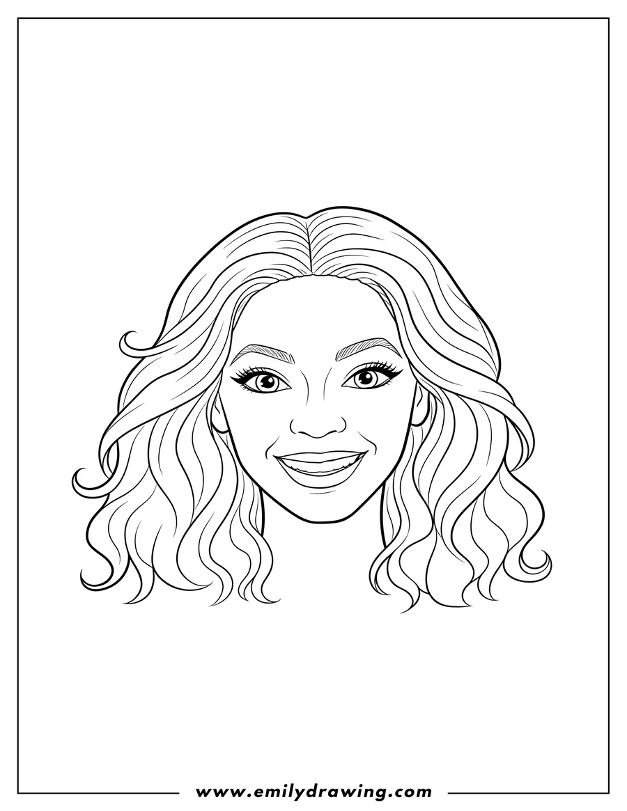 Simple sketch of easy Beyonce Face, smiling with wavy hair to color