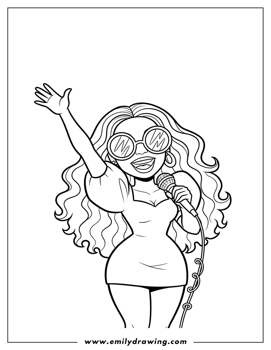 Outline drawing of beyonce Singing Mini Dress With Gloves, wearing sunglasses, with long wavy hair, and one hand raised