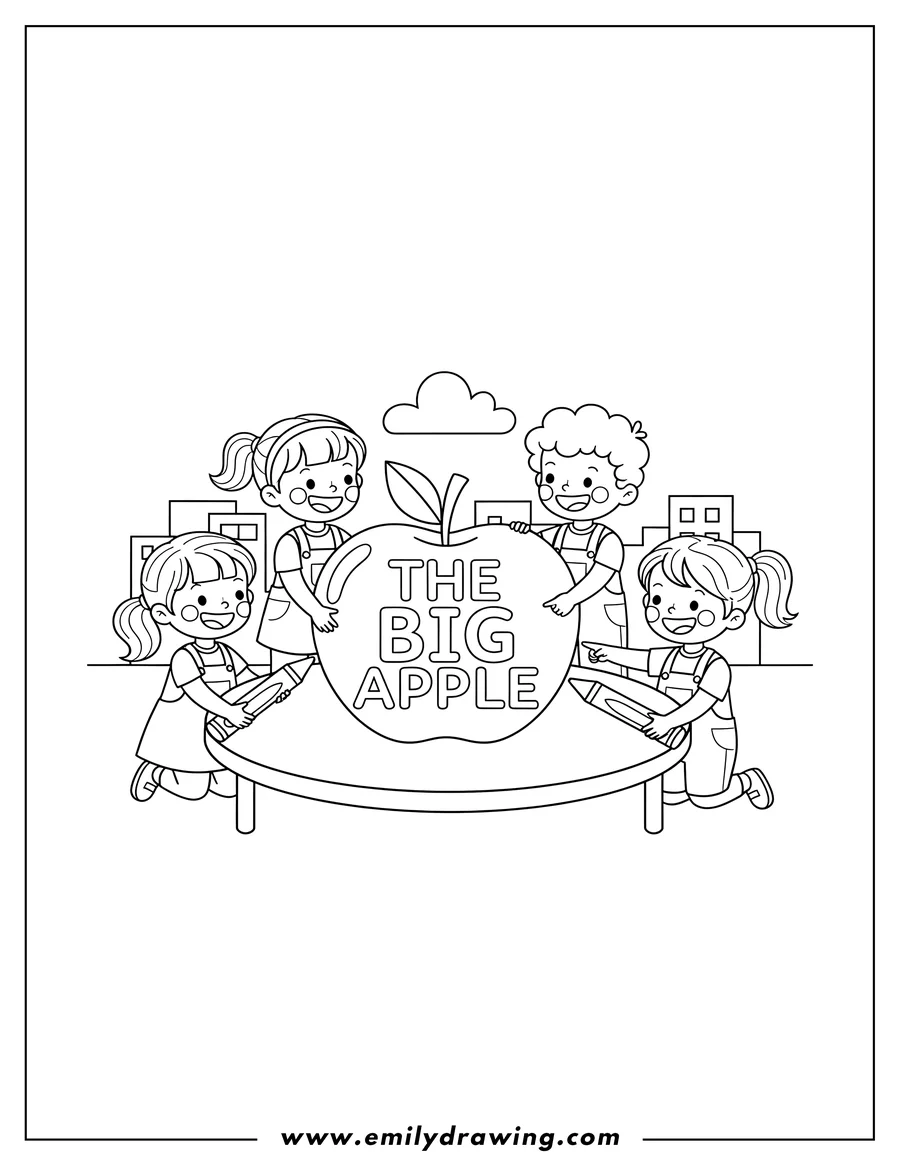 Linear illustration of big Apple Preschoolers coloring an apple with 'THE BIG APPLE' text