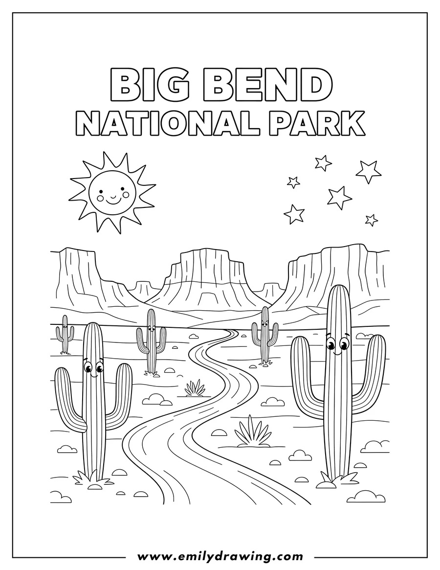 Vector style outline of big Bend National Park Landscape With Canyons, Saguaro Cacti, And A Winding Trail, featuring the text 'BIG BEND NATIONAL PARK', sun, and stars