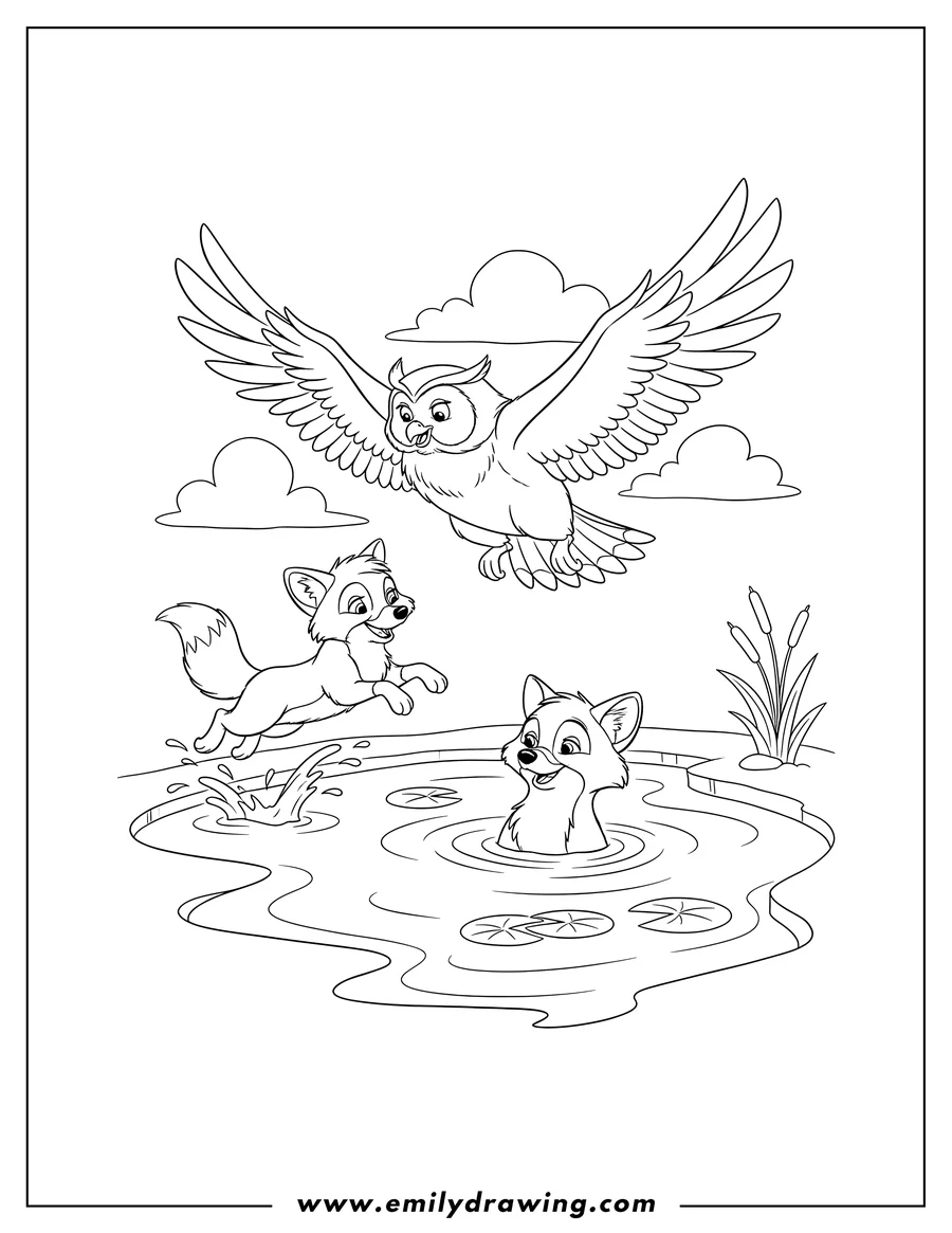 Coloring sheet featuring big Mama the owl flying, Copper jumping over a pond, and Todd the fox sitting in the pond