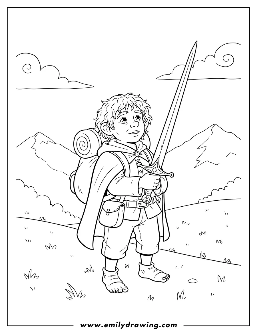 PDF style coloring page: bilbo Baggins holding a sword, looking up, wearing a cloak and backpack