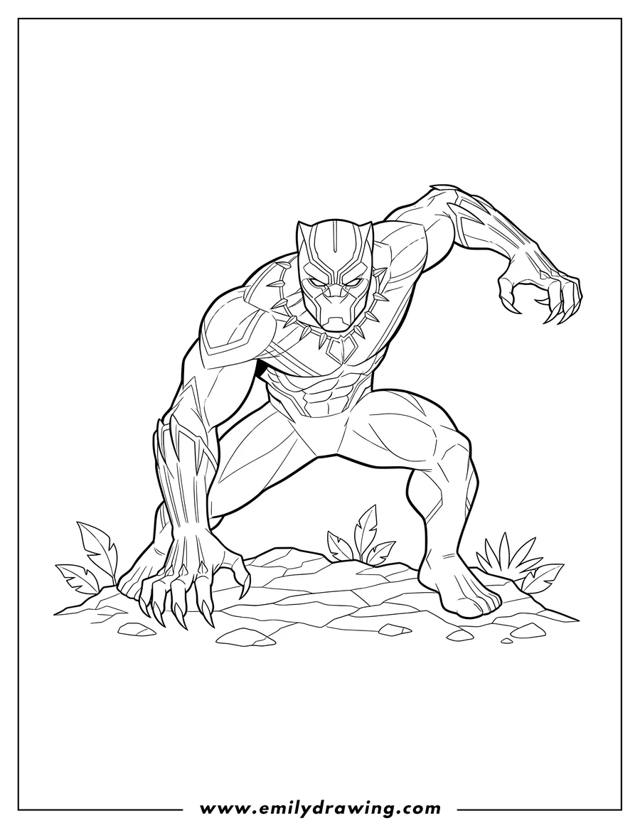 Printable coloring page of black Panther crouching, ready to pounce, with claws extended