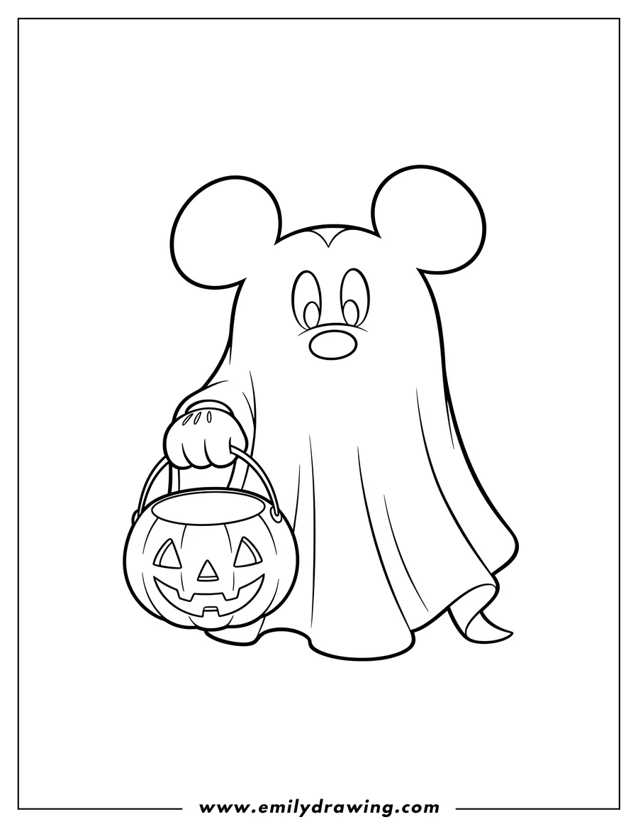 Simple sketch of easy Blanket Ghost Mickey Mouse standing and holding a jack-o'-lantern candy bucket, for preschoolers to color