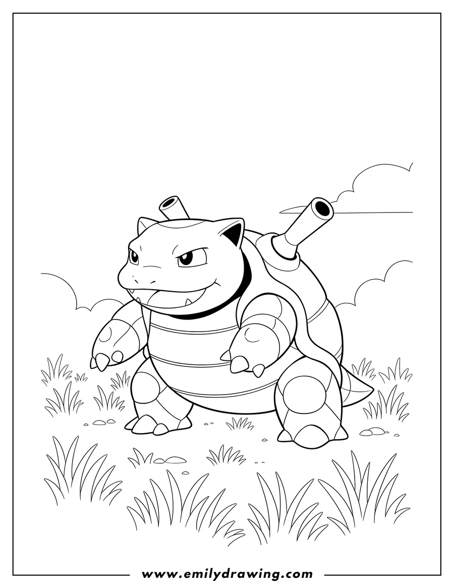 Free to print drawing of blastoise Quick Aid Pokemon Card, with Blastoise standing in grass