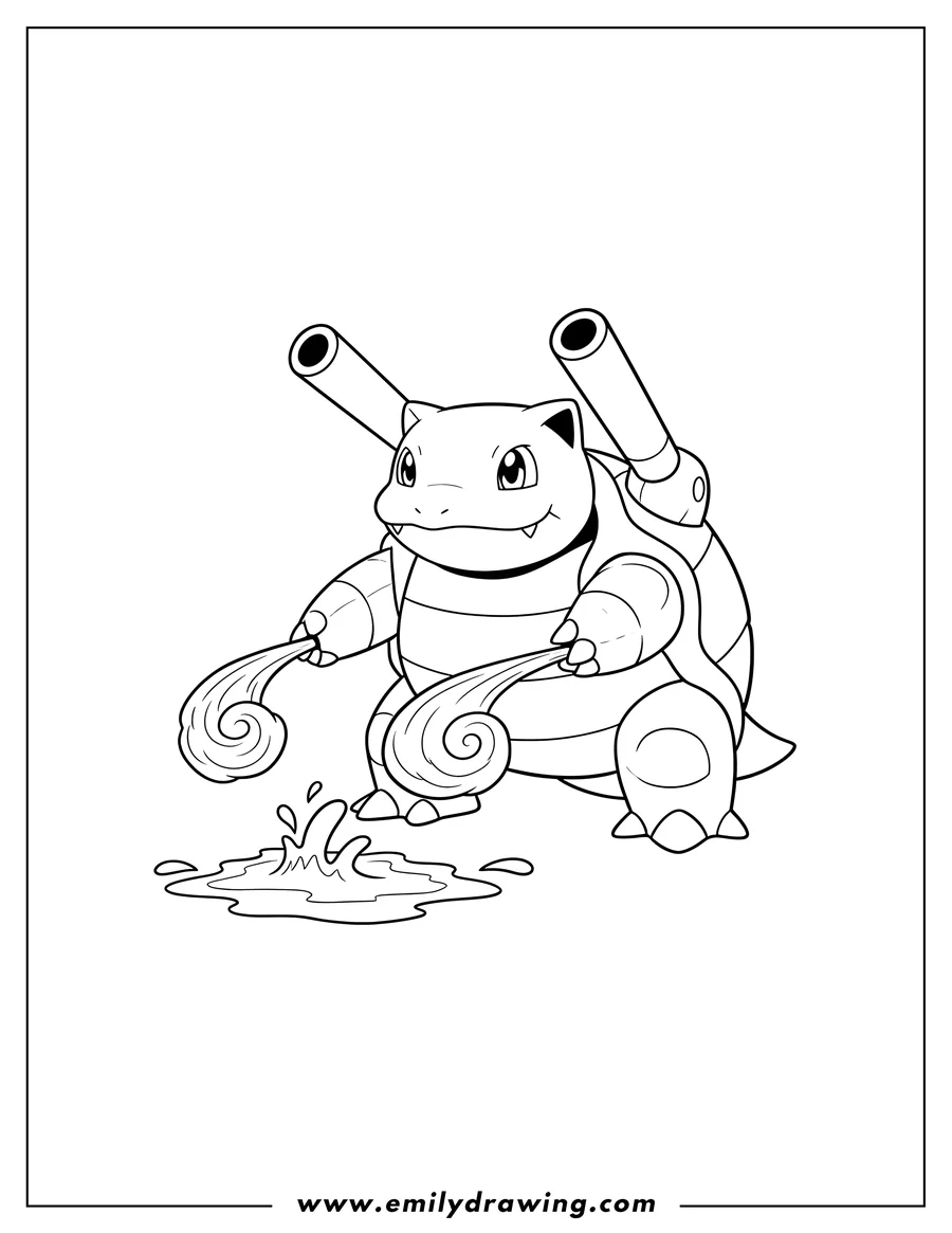 Coloring page of easy Blastoise standing with hydro cannons