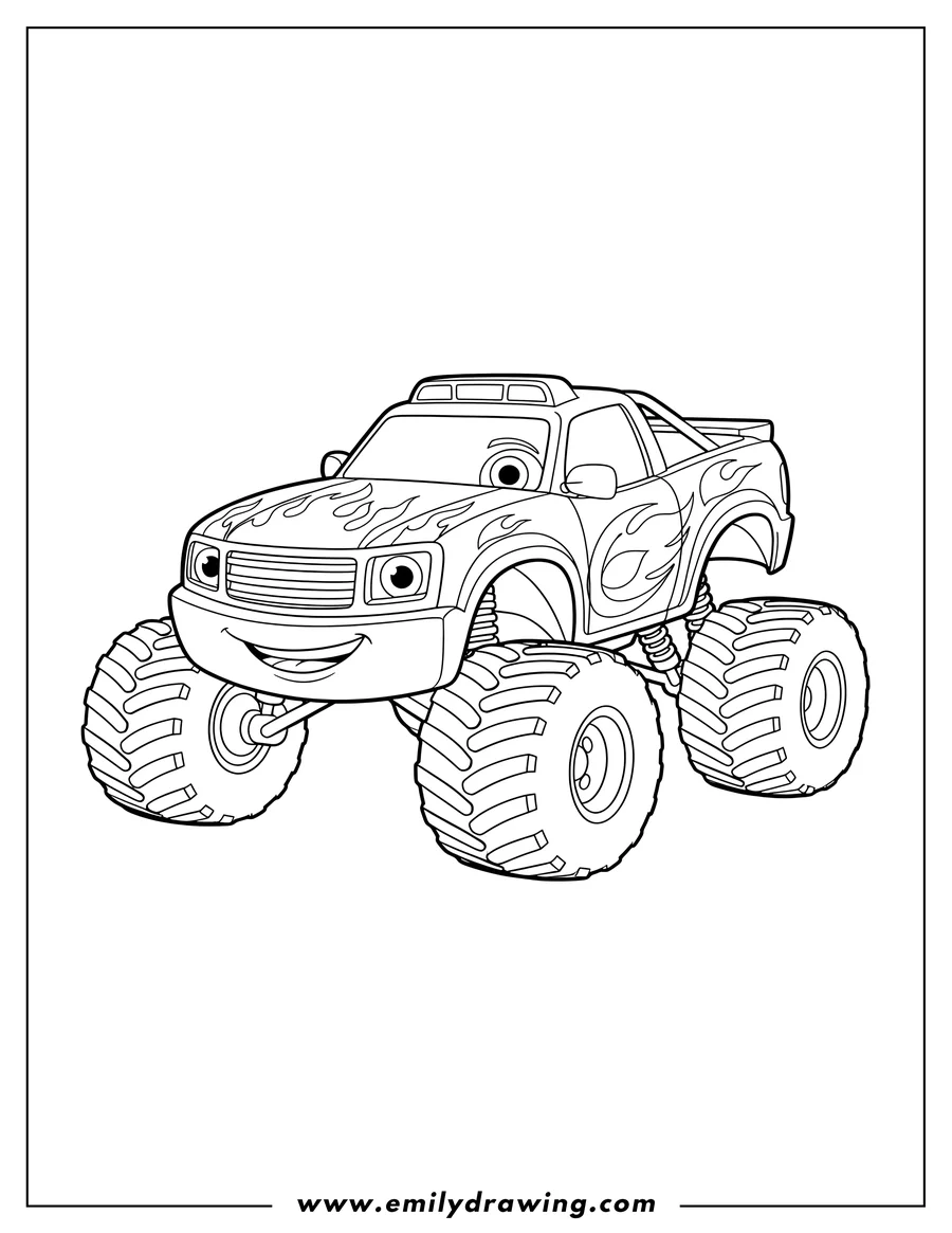 Free printable coloring sheet of easy Blaze monster machine for preschoolers, a friendly monster truck with a smiling face