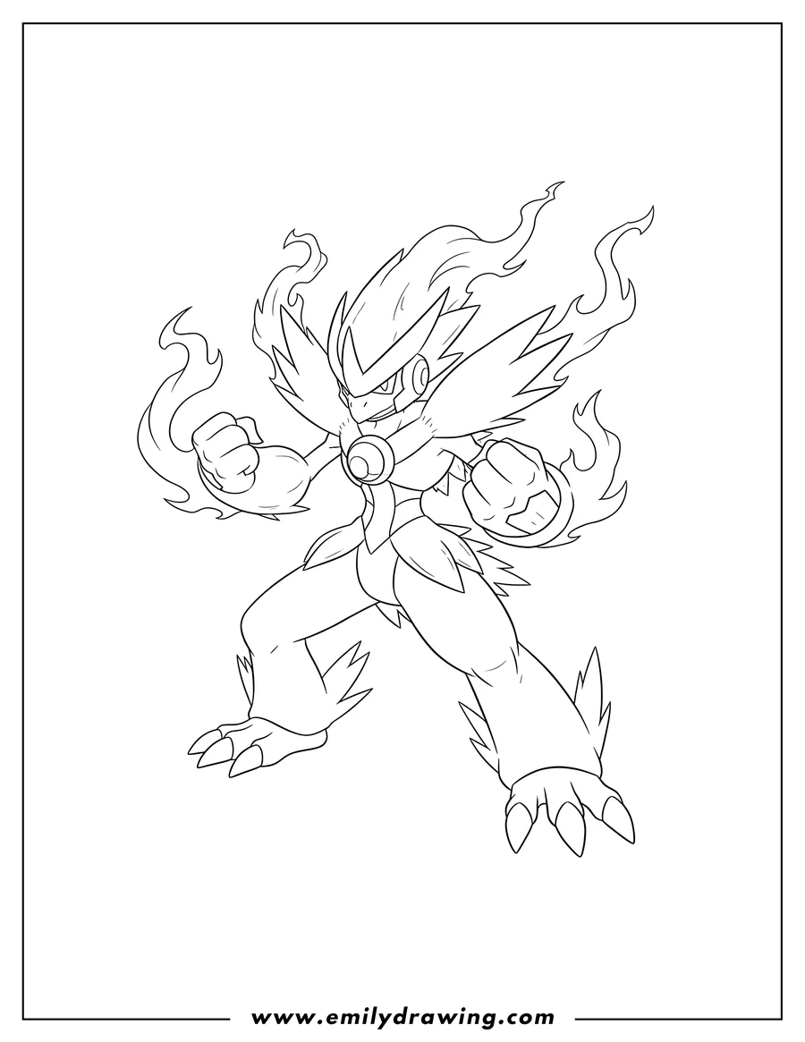 Linear illustration of blaziken From Pokemon Mega Evolution, in a powerful stance with raised, clenched fists and flame-like tendrils