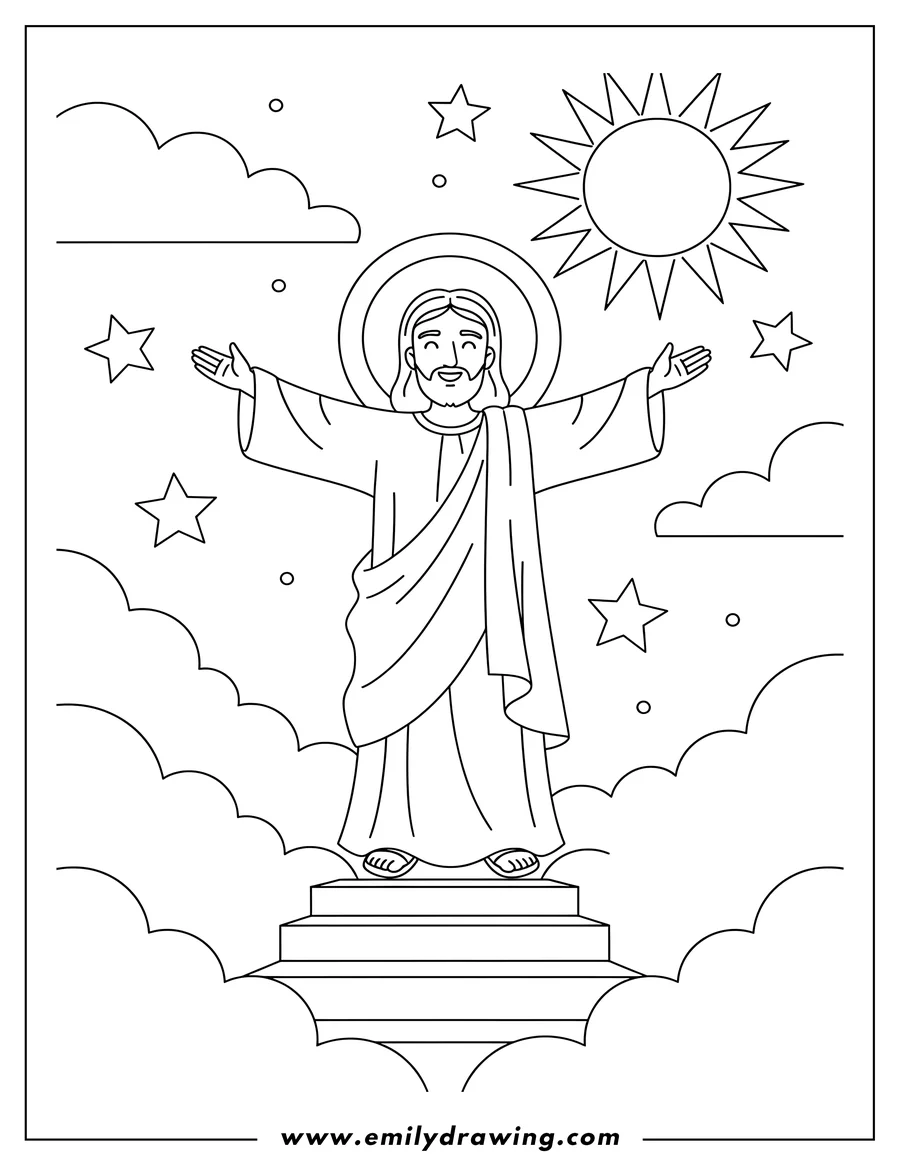 Coloring page of blessed Jesus Heaven Scaled with outstretched arms and looking upwards