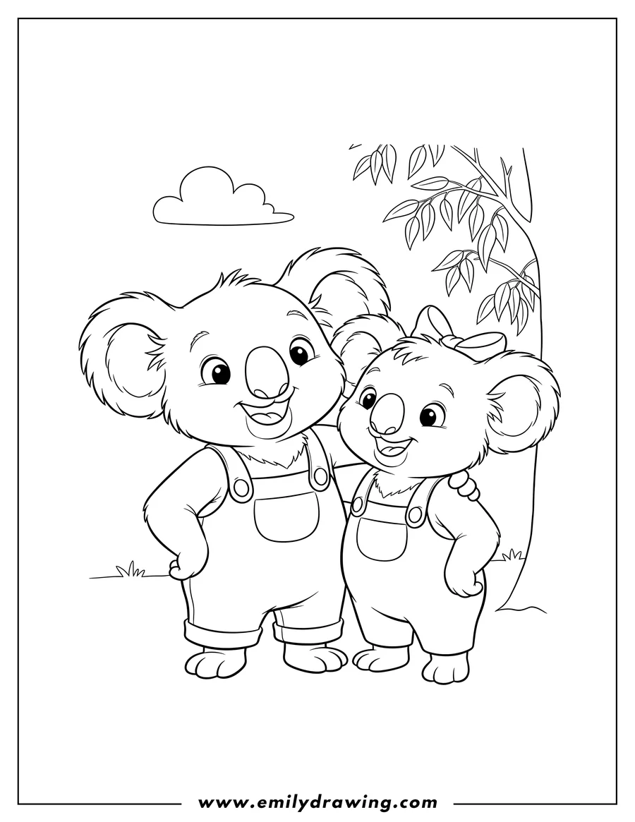 Free to print drawing of blinky Bill Koala and friend smiling happily, one with an arm around the other