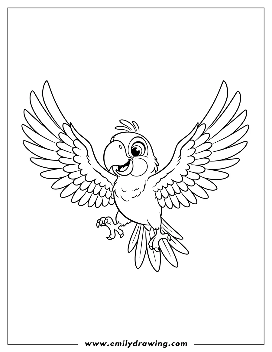 Outline drawing of [Scene]: Blue parrot dancing with wings spread and one leg up