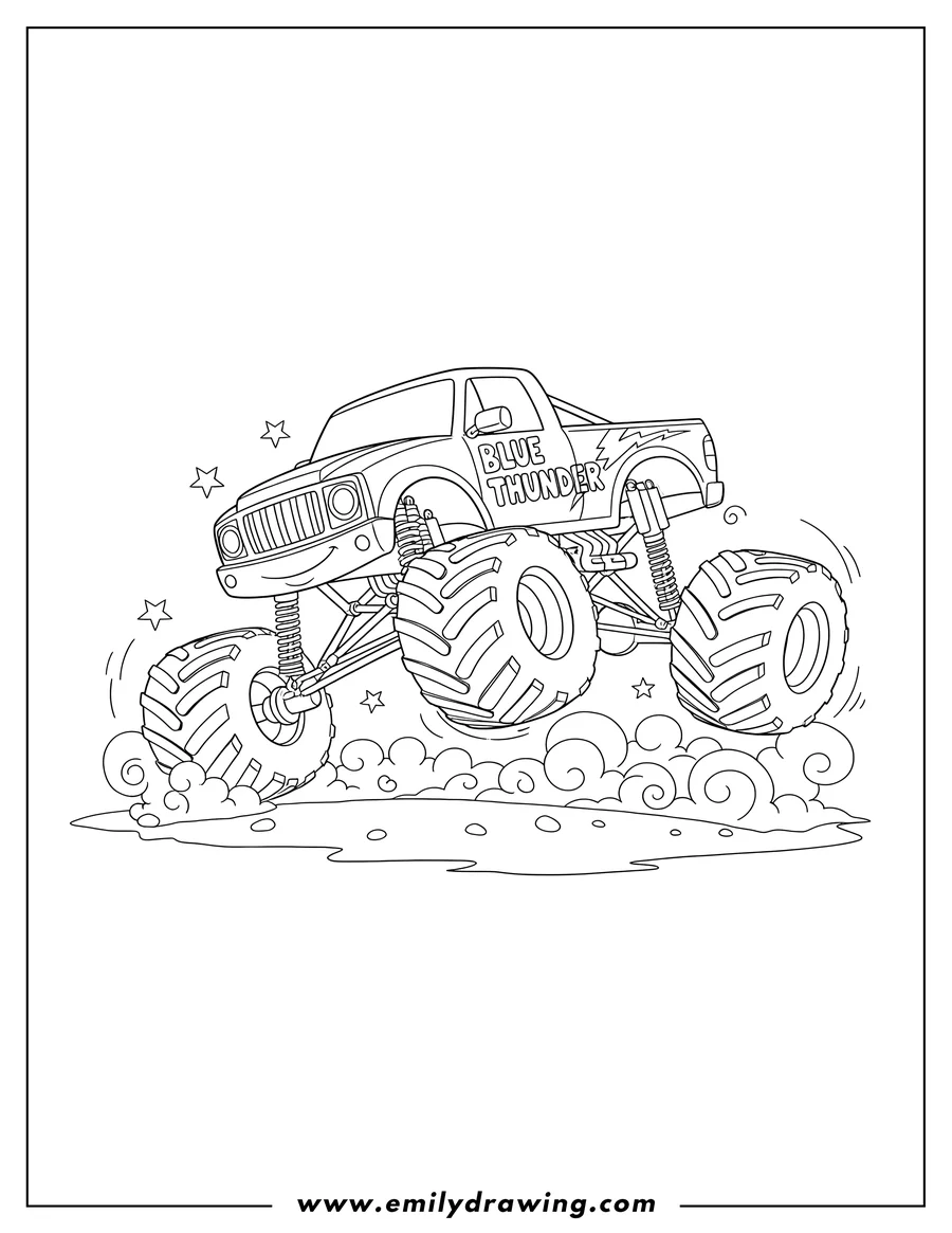 PDF style coloring page: easy Blue Thunder Monster Truck with front wheels lifted
