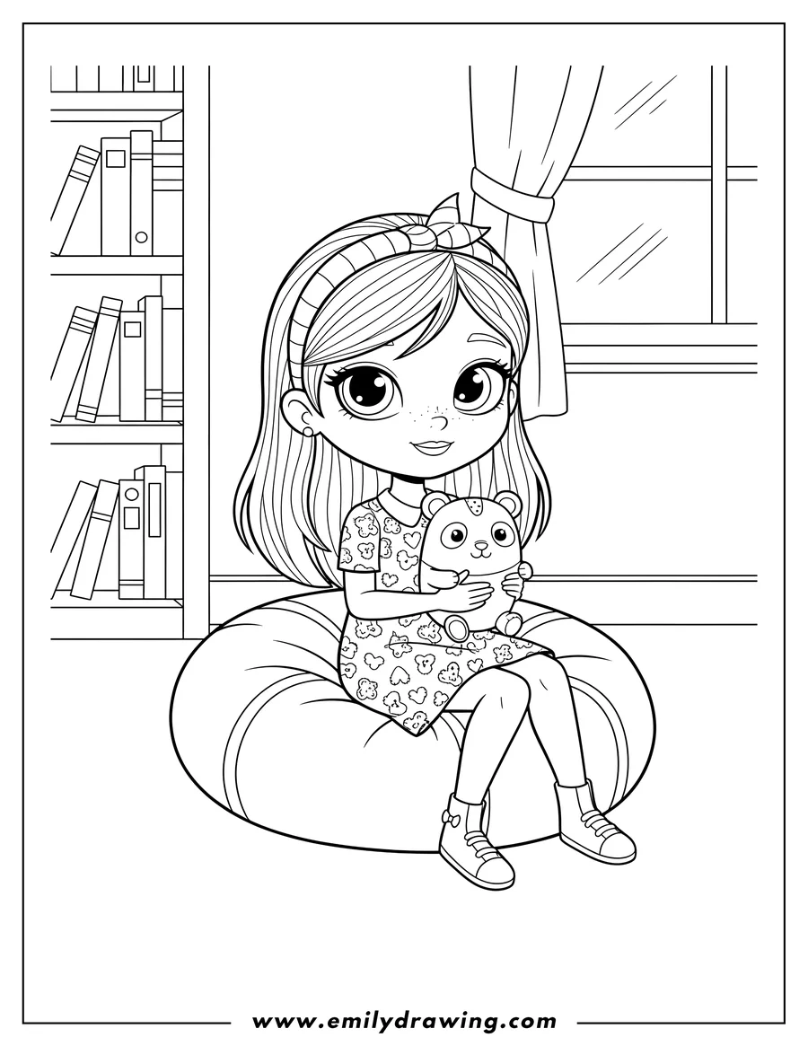 Coloring page for kids: blythe Baxter wearing a headband, sitting on a beanbag cushion and holding a small object
