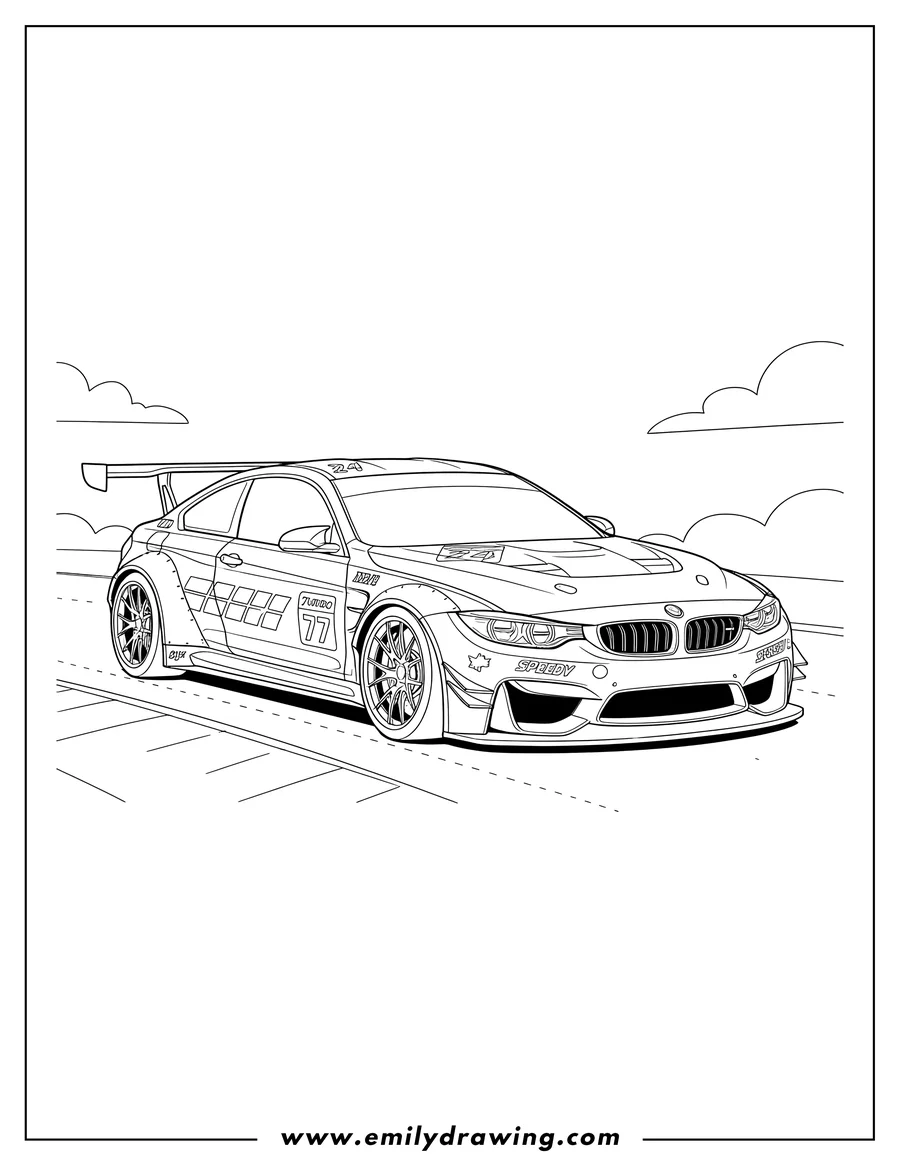 Printable line art of bmw M4 Race Car with widebody kit, large spoiler, and racing decals