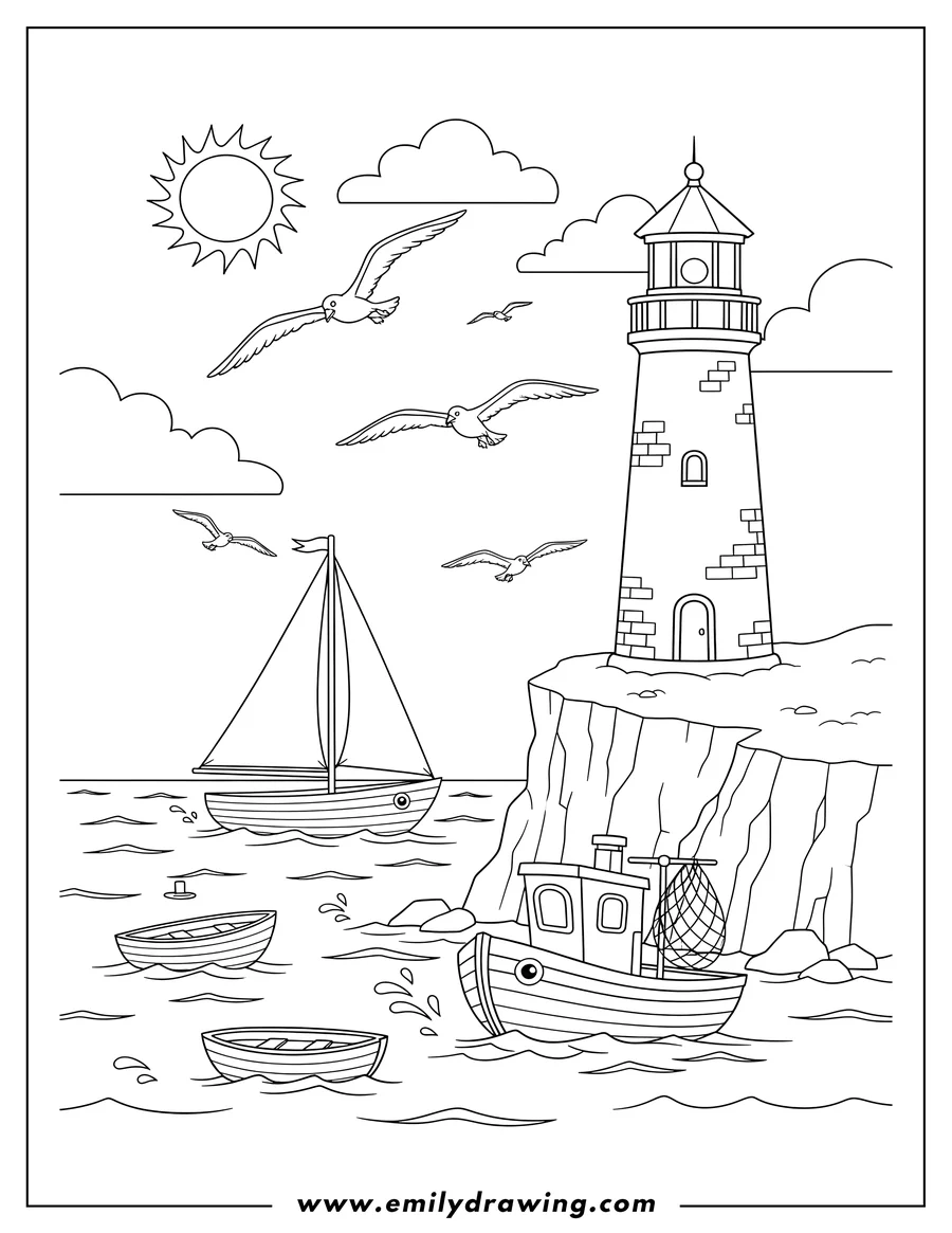 Downloadable coloring page of boats and flying gulls on the sea by a lighthouse on a cliff