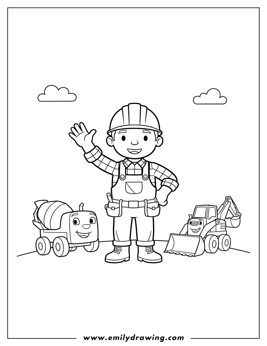 Outline drawing of easy Bob Builder Preschoolers, Bob waving
