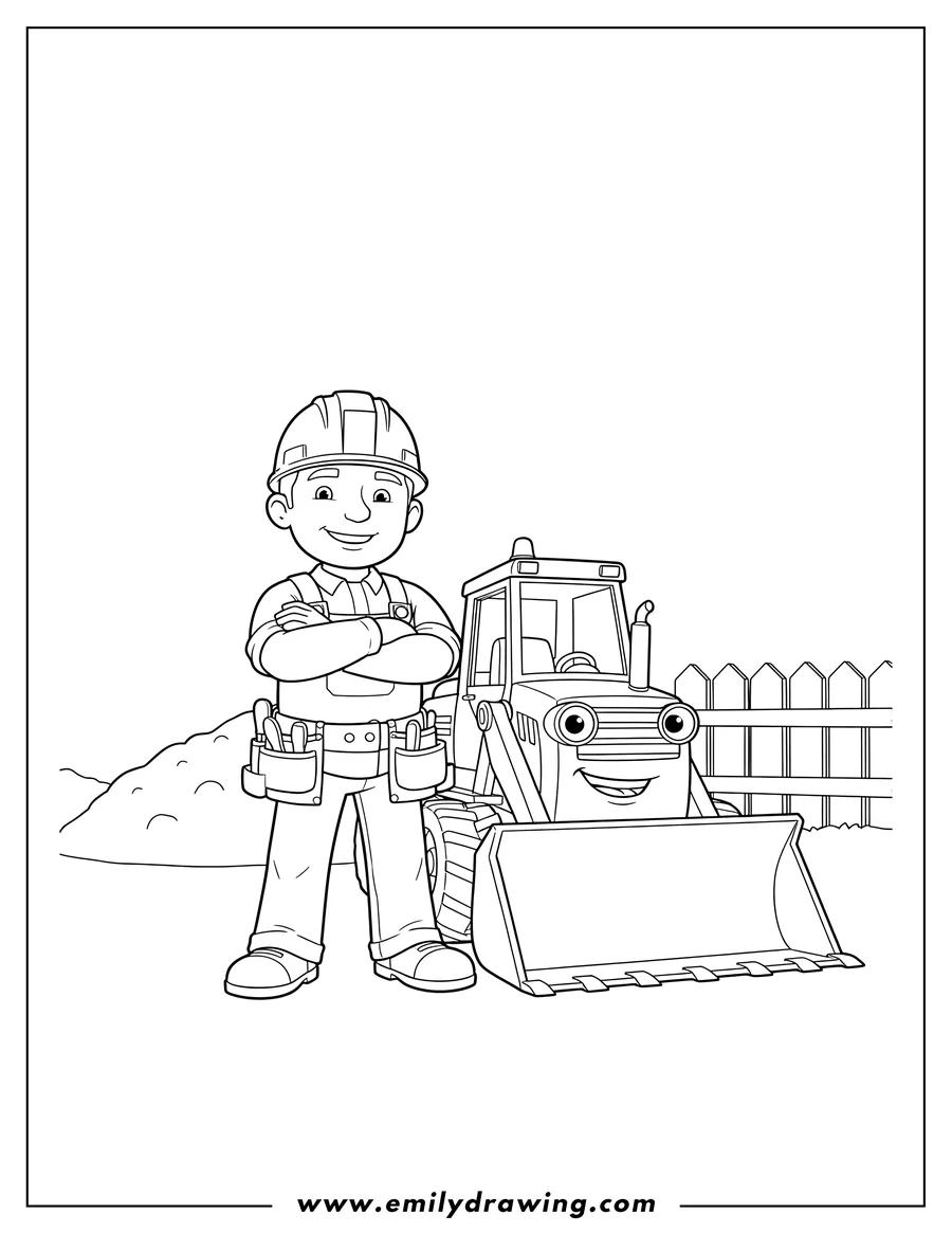 Printable coloring page of bob the Builder with crossed arms and smiling Scoop