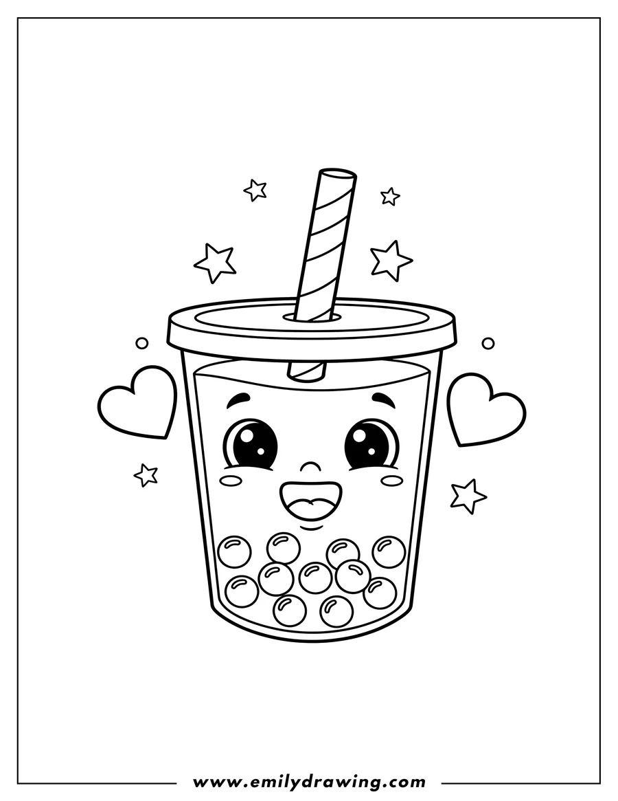 Printable line art of easy Boba Tea with a happy face, Love Hearts and stars
