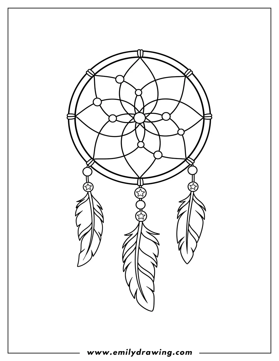 Coloring sheet featuring easy Boho Dreamcatcher with a web, beads, and hanging feathers