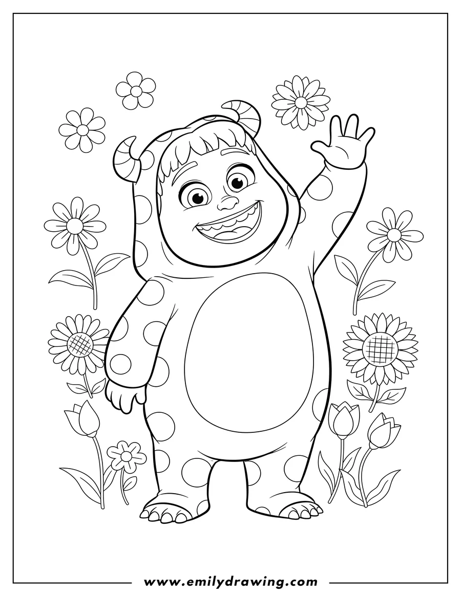 Coloring sheet featuring boo waving and smiling with flowers