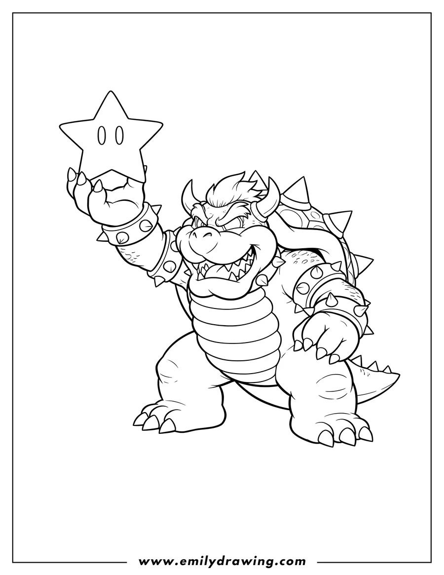 Free printable coloring sheet of bowser menacingly holding up a Super Star