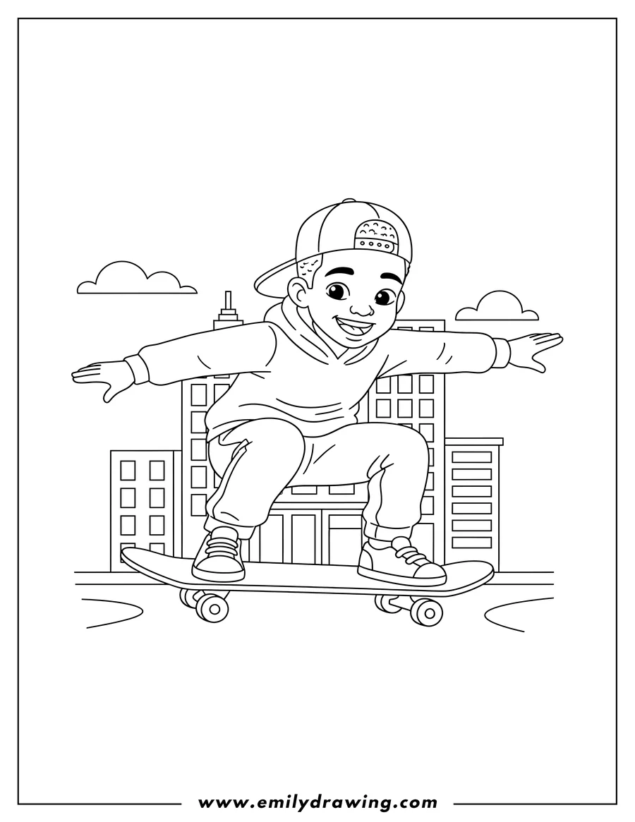 Printable line art of black Boy Skateboarding City, smiling, crouched, with arms out wide